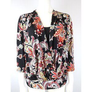 WOMEN'S 3/4 SLEEVE BLACK PRINT TWINSET - PECK & PECK - SZIE M - STRETCH